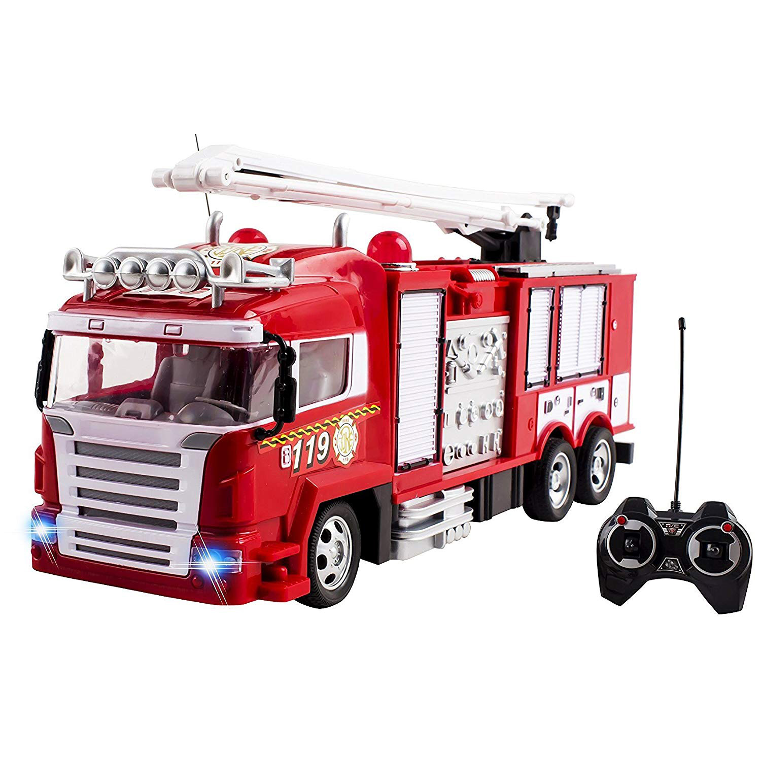 RC Fire Truck Rescue Engine Remote Control Large Kids Toy Fully Functional With Extendable Ladder Music and Flashing Lights Rechargeable Battery Perfect Firetruck Toys for Children Boys And Girls