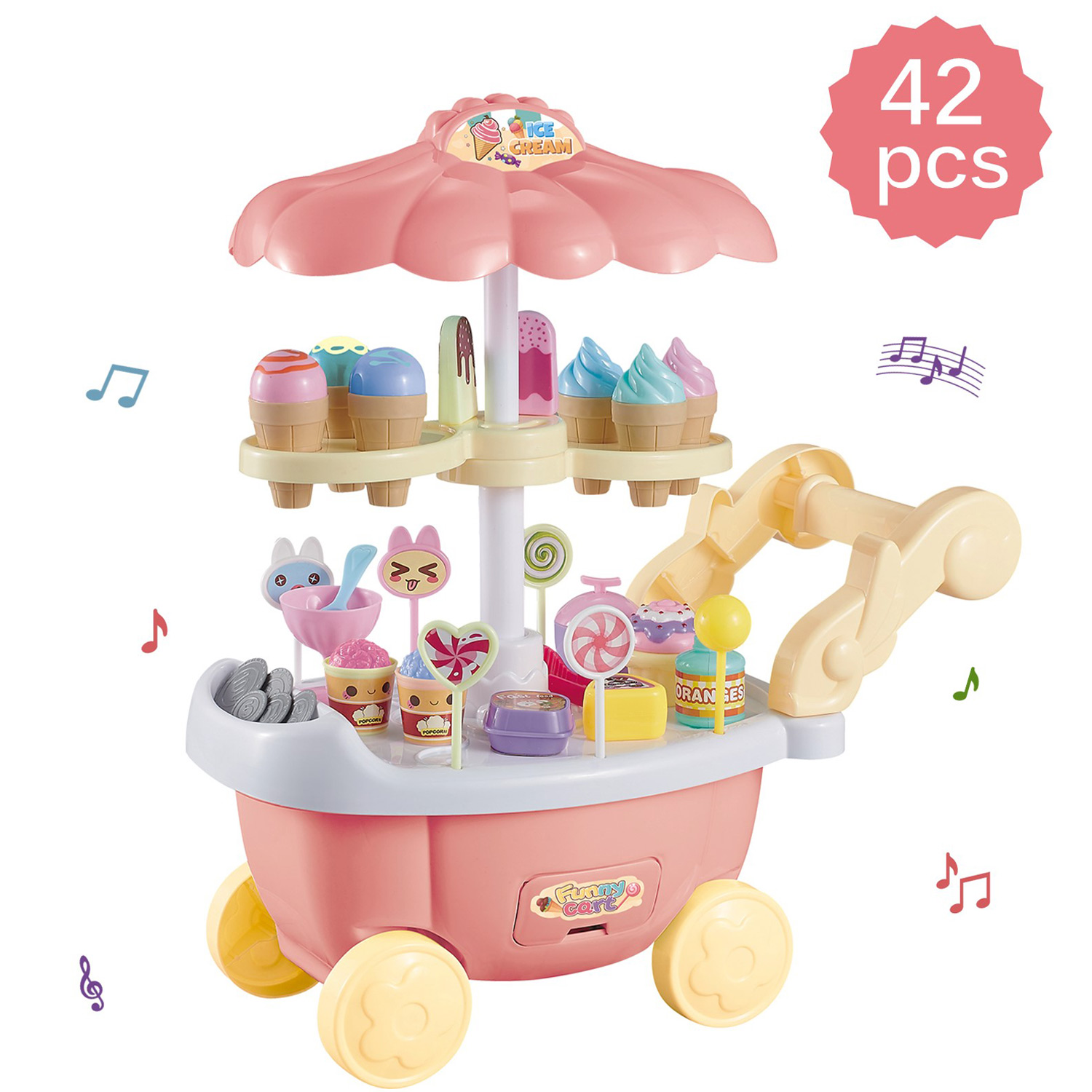 Ice Cream Cart 39 Pieces Dessert Candy Trolley Kitchen Toy Set With Lights Music Includes Umbrella Food Accessories 3 feet tall Children's Pretend Play Truck Playset Appliance Set Pieces Perfect For Early Learning Educational Girls Cooking