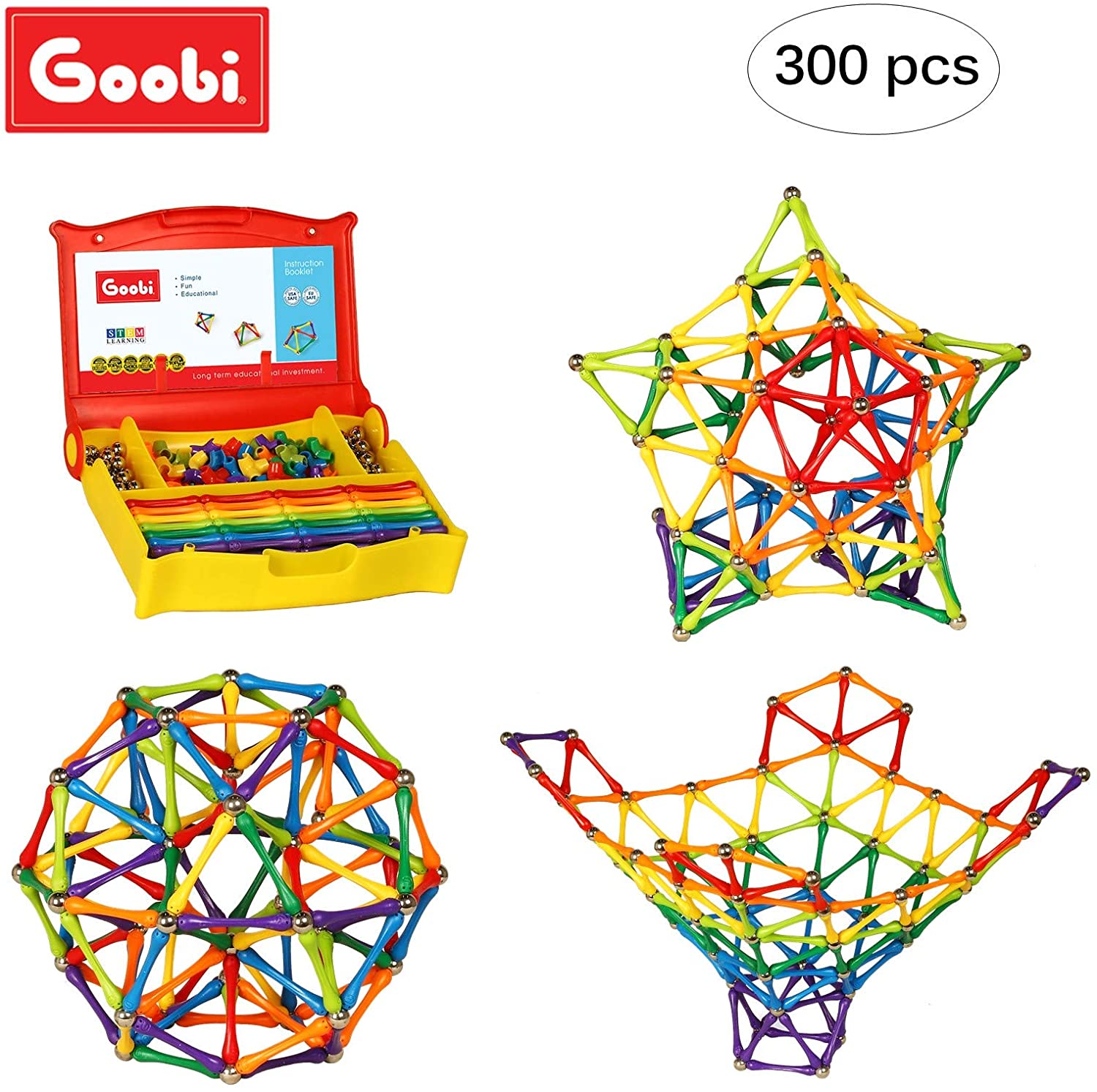 Goobi 300 Piece Construction Set with Instruction Booklet | STEM Learning | Assorted Rainbow Colors