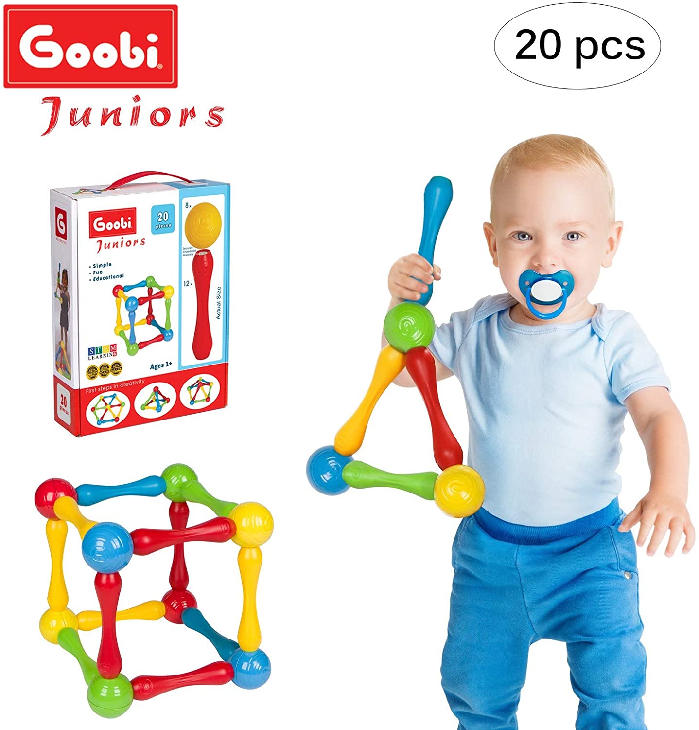 Goobi Juniors 20 Piece Construction Set Large Building Blocks Developmental Play Sticks STEM Learning Vibrant Colors Creativity Imagination 3D Puzzle Educational Toys for 1 Year Old Toddlers Preschool