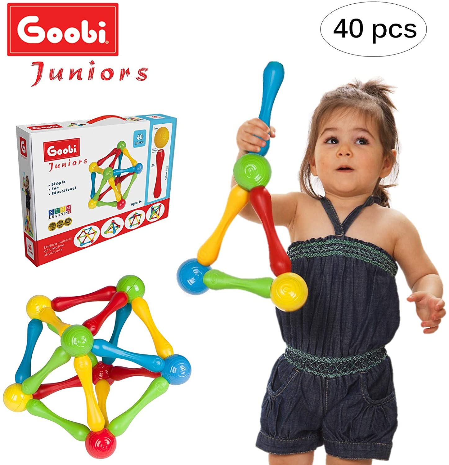 Goobi Juniors 40 Piece Construction Set Large Building Blocks Developmental Play Sticks STEM Learning Vibrant Colors Creativity Imagination 3D Puzzle Educational Toys for 1 Year Old Toddlers Preschool