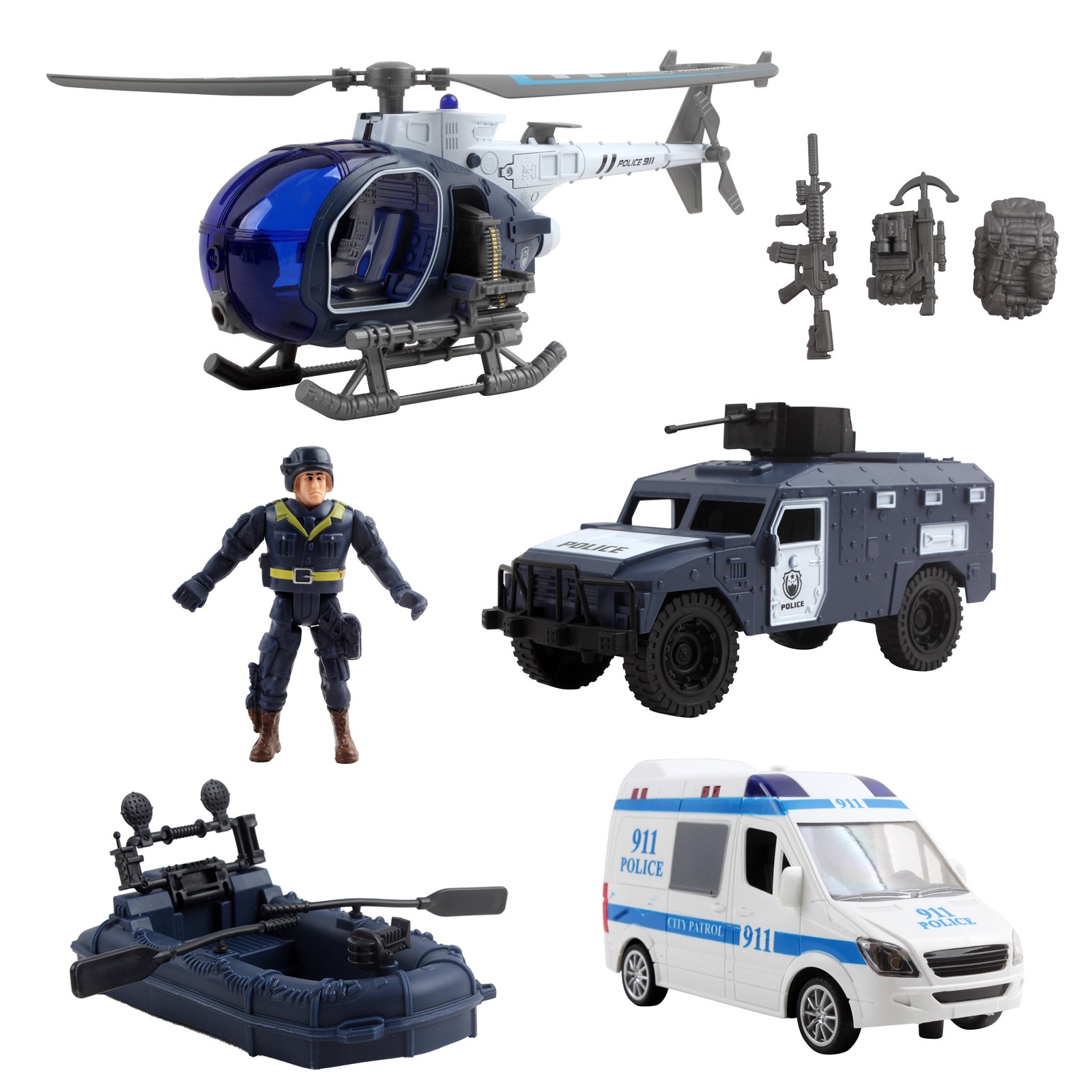 Deluxe Police Special Operations Rescue Series Play Set Includes Armed Helicopter Armored Vehicle Ambulance Water Raft Canoe Soldier And Artillery Perfect Kids Pretend Army Action Toys