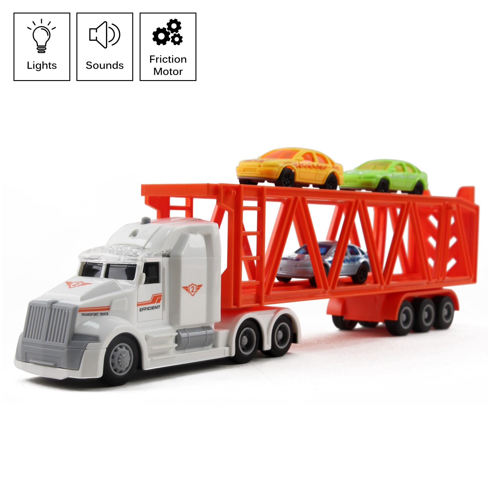 Toy Semi Truck Trailer 3 Car Carrier 14&quot; Friction Powered With Lights And Sounds Kids Push And Go Big Rig Auto Transporter Vehicle Semi-Truck Pretend Play Great Gift For Children Boys Girls